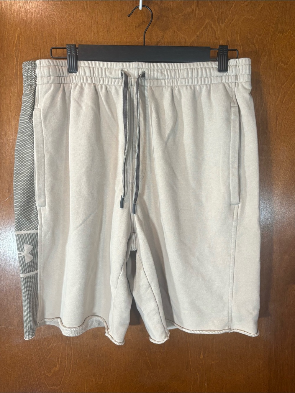 Under Armour Men's Tan Athletic Shorts with Gray Mesh Print Side Panel